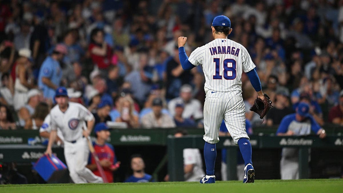 Jun 29, 2026; Chicago, Illinois, USA; Chicago Cubs pitcher Shota Imanaga (18) celebrates after ending the top of the sixth inning against the San Diego Padres at Wrigley Field. Mandatory Credit: Patrick Gorski-Imagn Images