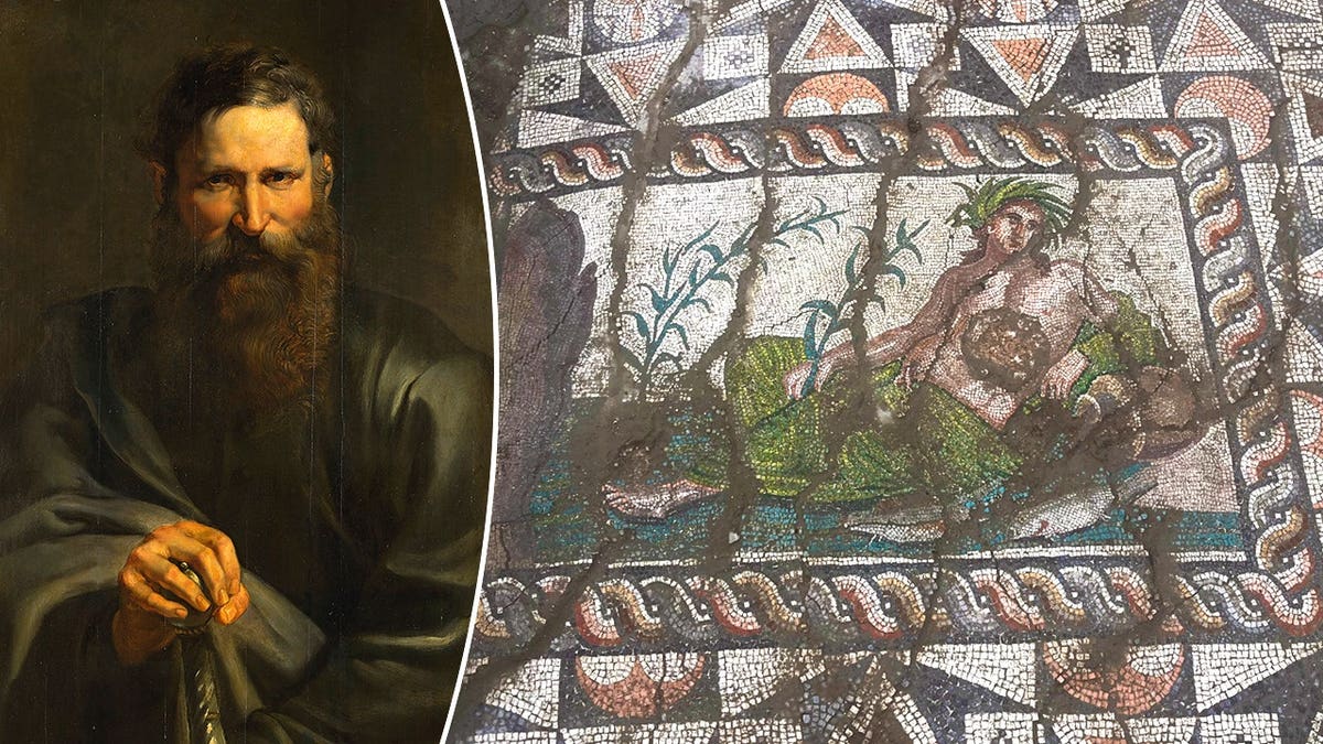 Depiction of Paul as an young man next to Turkish mosaic