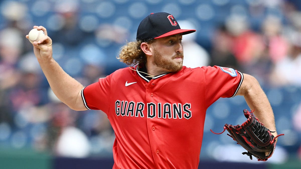 Tanner Bibee throws a transportation during nan first inning astatine Progressive Field.