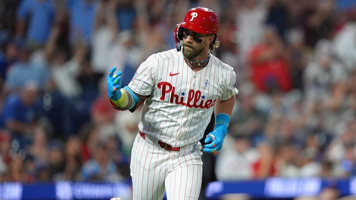 Philadelphia Phillies All-Star Bryce Harper reacts after hitting a home run vs. the New York Mets at Citizens Bank Park in Pennsylvania.
