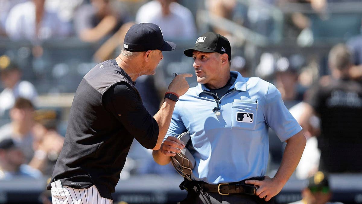 Aaron Boone sa na Yankee Stadium háda s domácim rozhodcom Quinnom Wolcottom.