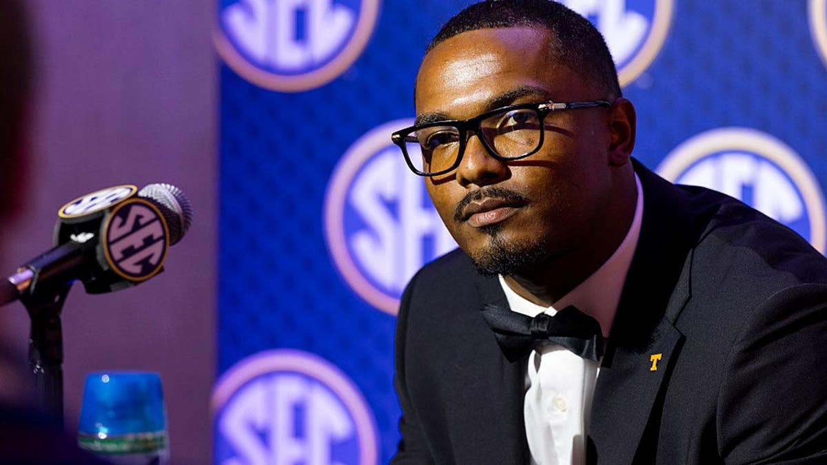 Arion Carter, Tennessee Volunteers linebacker, speaks at SEC Football Media Day in Tampa.