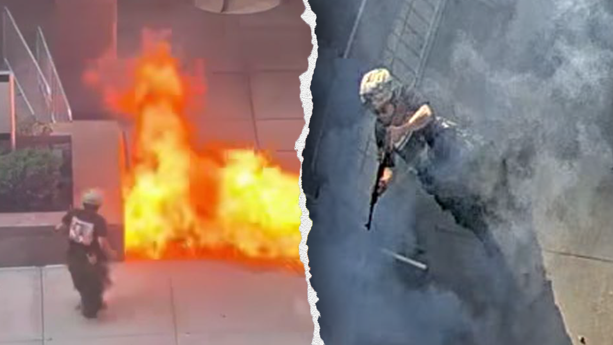A split image showing flames on the left and the suspect holding a pellet rifle on the right
