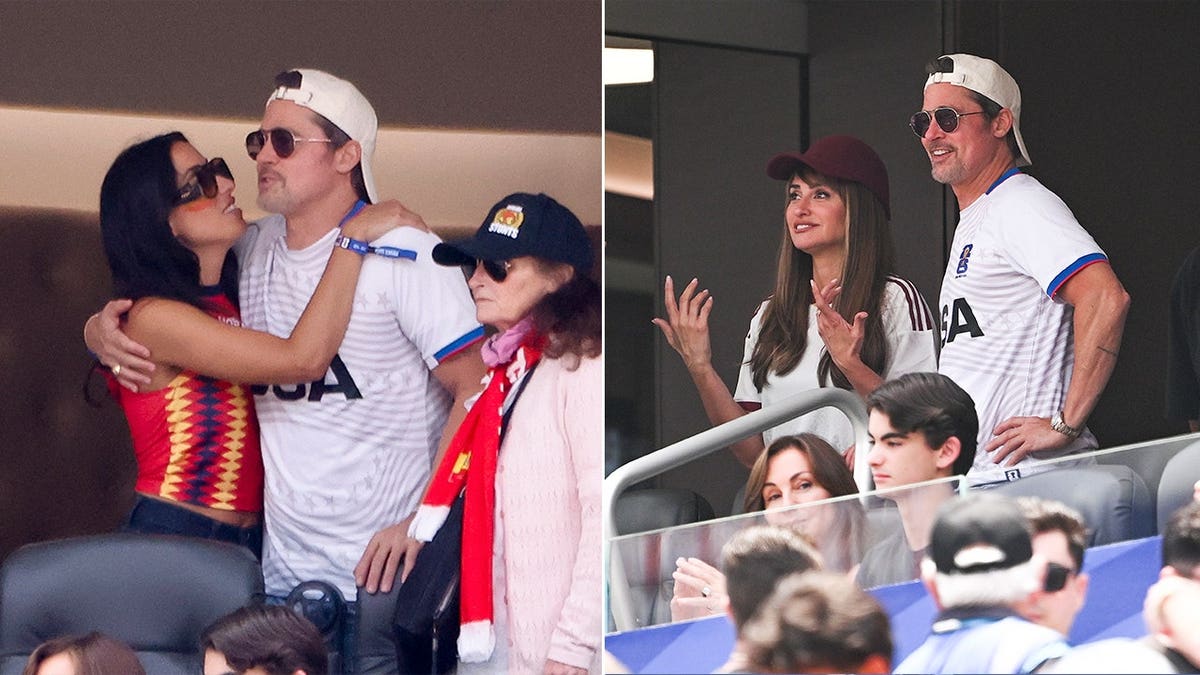 A split image of Brad Pitt with his girlfriend and him with Penelope Cruz
