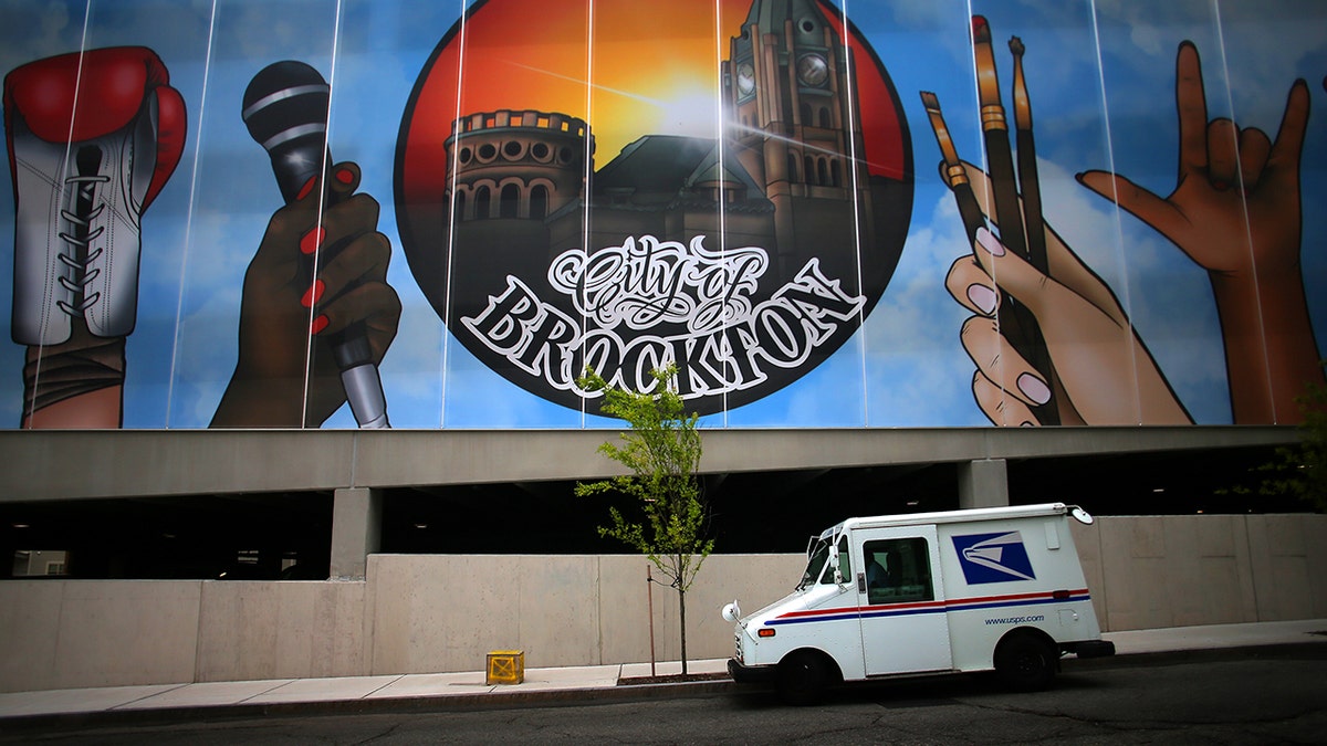 Mural above the garage that says Brockton