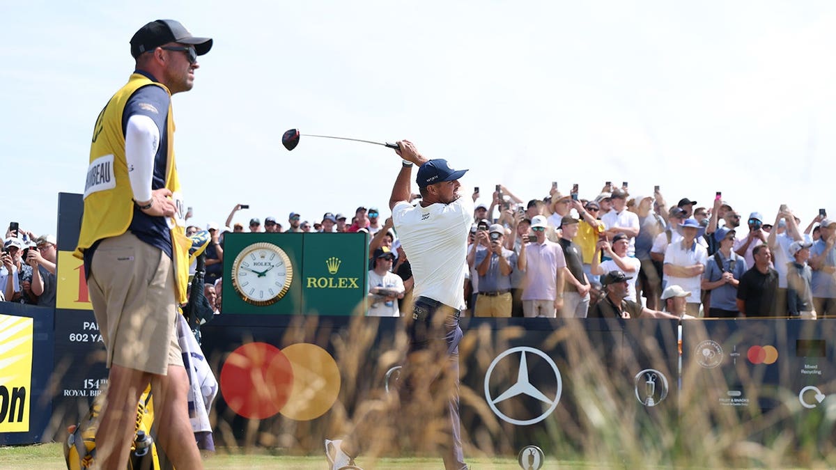 Bryson DeChambeau tees disconnected connected nan 14th spread astatine Royal Birkdale.
