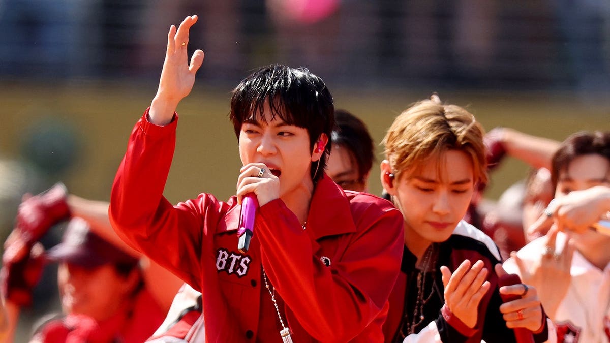 BTS performs during the halftime show in East Rutherford, New Jersey.
