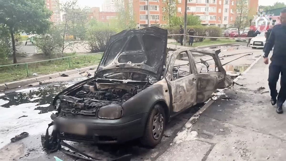 A screen grab from a video shows the car in which senior Russian military officer Gen. Yaroslav Moskalik was killed in, confirmed by Russia's Investigative Committee, on April 25, 2025, in the Moscow region, Russia. 