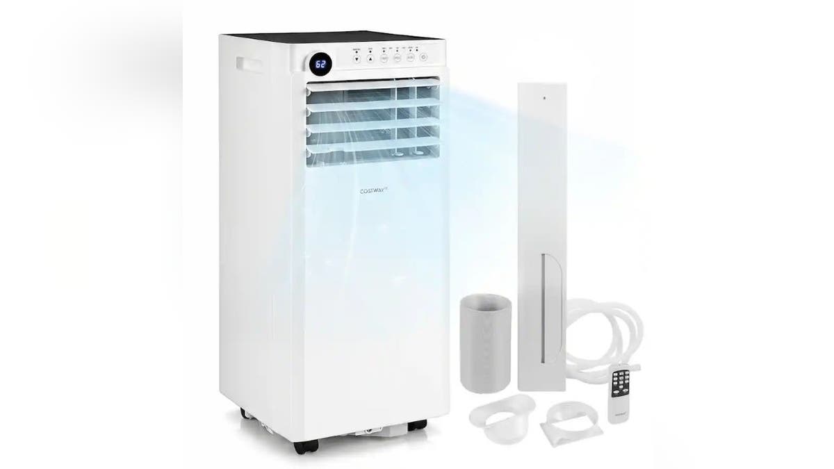 This AC kit includes the window hose, installation brackets and a remote.