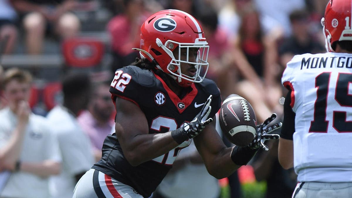 Dante Dowdell catches a pass during the Georgia Bulldogs' G-Day scrimmage at Sanford Stadium.