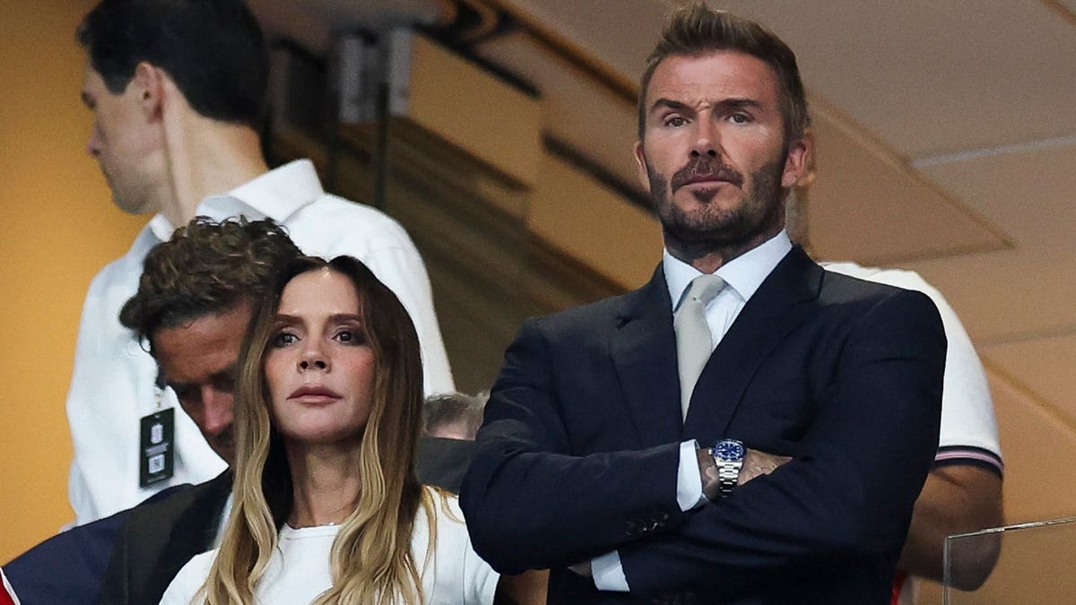 David and Victoria Beckham at the semifinal match between England and Argentina in July 2026.