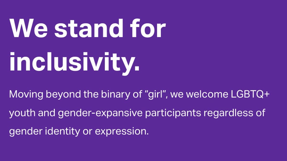 Girls in the Game website screenshot shows text about moving beyond the binary of girl.