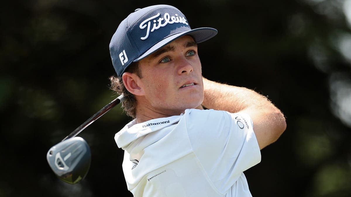 Jackson Koivun of the United States swings from the second tee during the final round of the 3M Open at TPC Twin Cities.