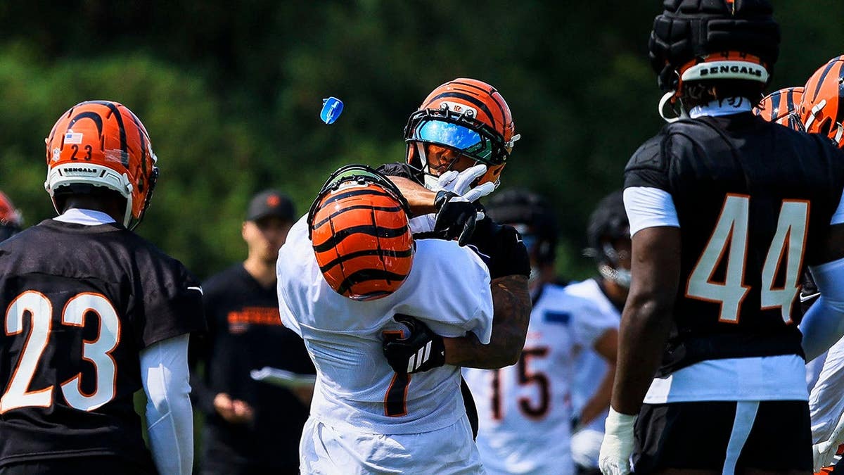Ja'Marr Chase confronts DJ Turner II during Cincinnati Bengals training camp.