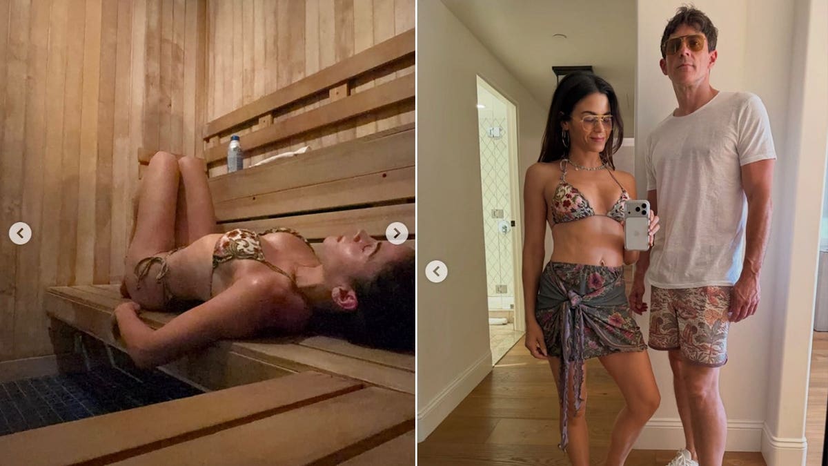 A split image of Jenna Dewan in a sauna and her posing alongside her boyfriend, Steve Kazee.