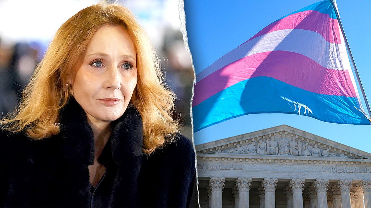 Split image shows J.K. Rowling and transgender pride flag outside Supreme Court.