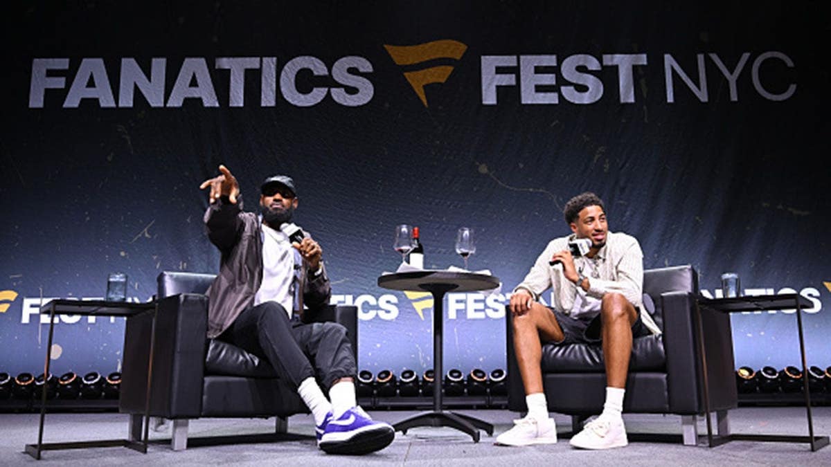 LeBron James and Tyrese Haliburton speak onstage at Fanatics Fest NYC.