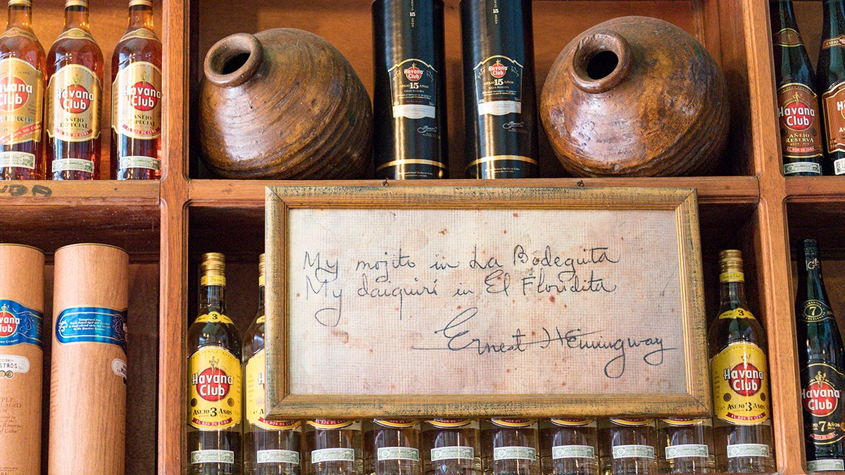 Alleged handwritten inscription of Ernest Hemingway at La Bodeguita del Medio in Cuba. It says, "My mojito in La Bodeguita, my daiquiri in El Floridita."