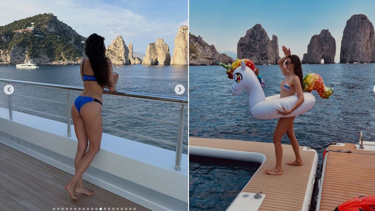 A split image of Nina Dobrev from the back and with a unicorn floatie around her waist.