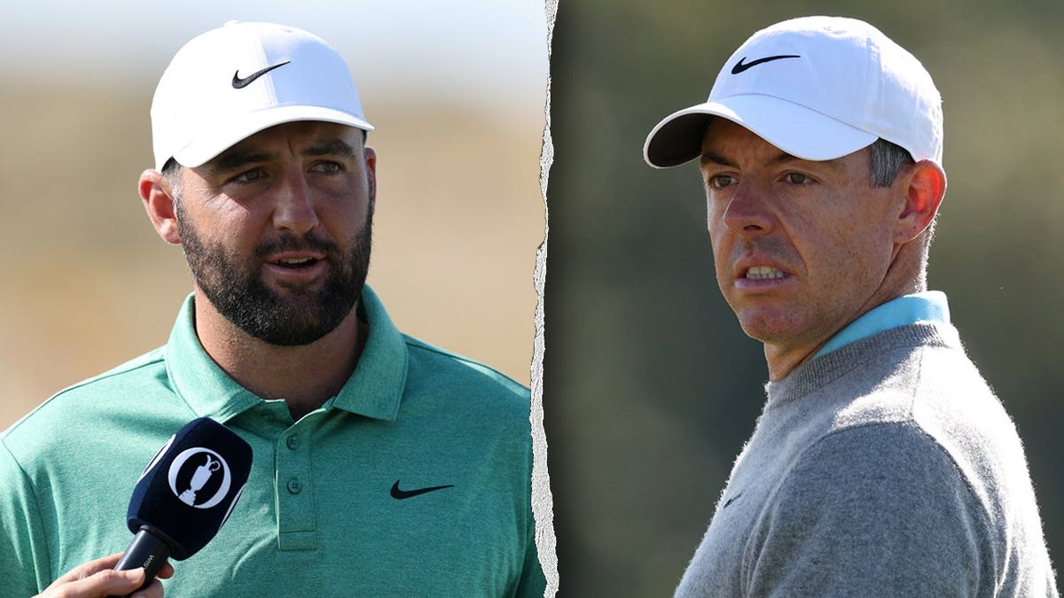Scottie Scheffler and Rory McIlroy shown in a split image ahead of The Open Championship.