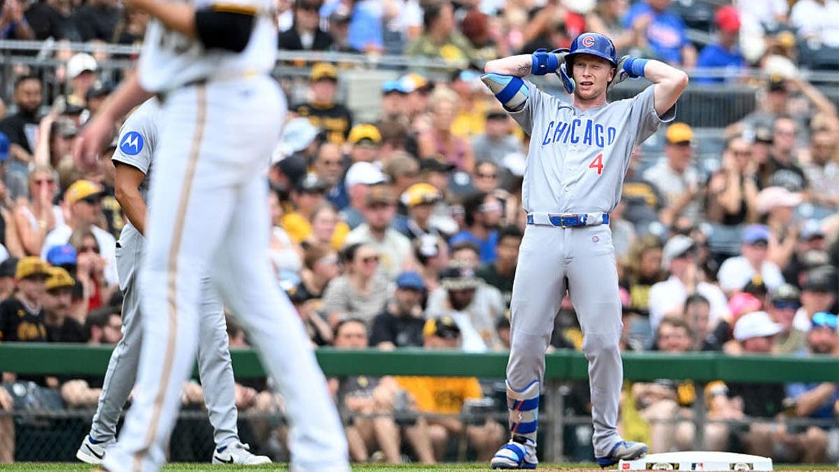 Pete Crow-Armstrong #4 of the Chicago Cubs celebrates after hitting an RBI
