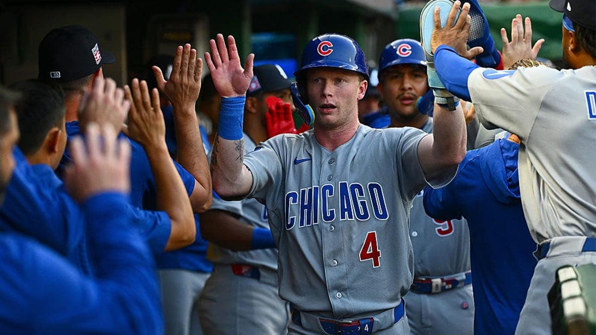 Pete Crow-Armstrong #4 of the Chicago Cubs celebrates