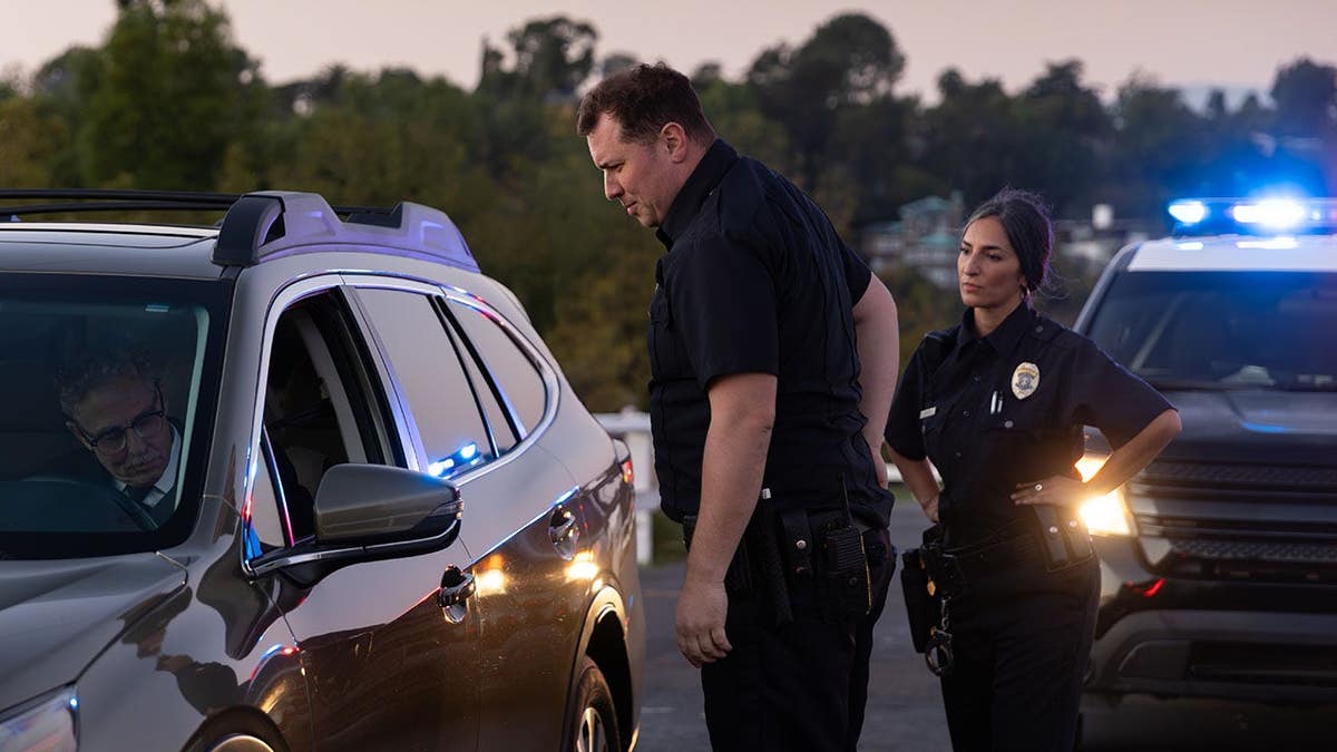 Two police officers stand with a driver beside a car on a scenic road at sunset.