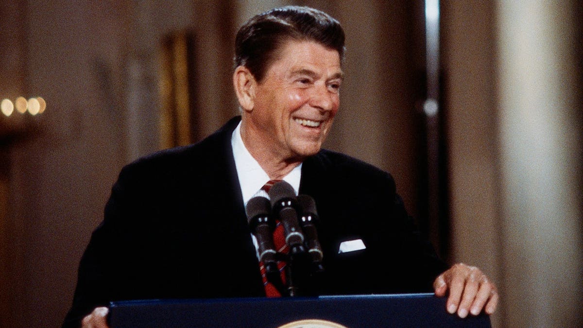 United States President Ronald Reagan gives a speech in Washington, DC in 1984.