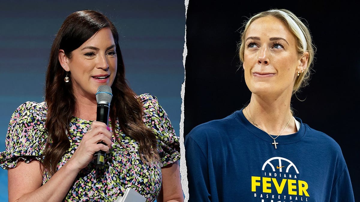 Sarah Spain speaks into a microphone on the left while Sophie Cunningham appears in an Indiana Fever shirt on the right.