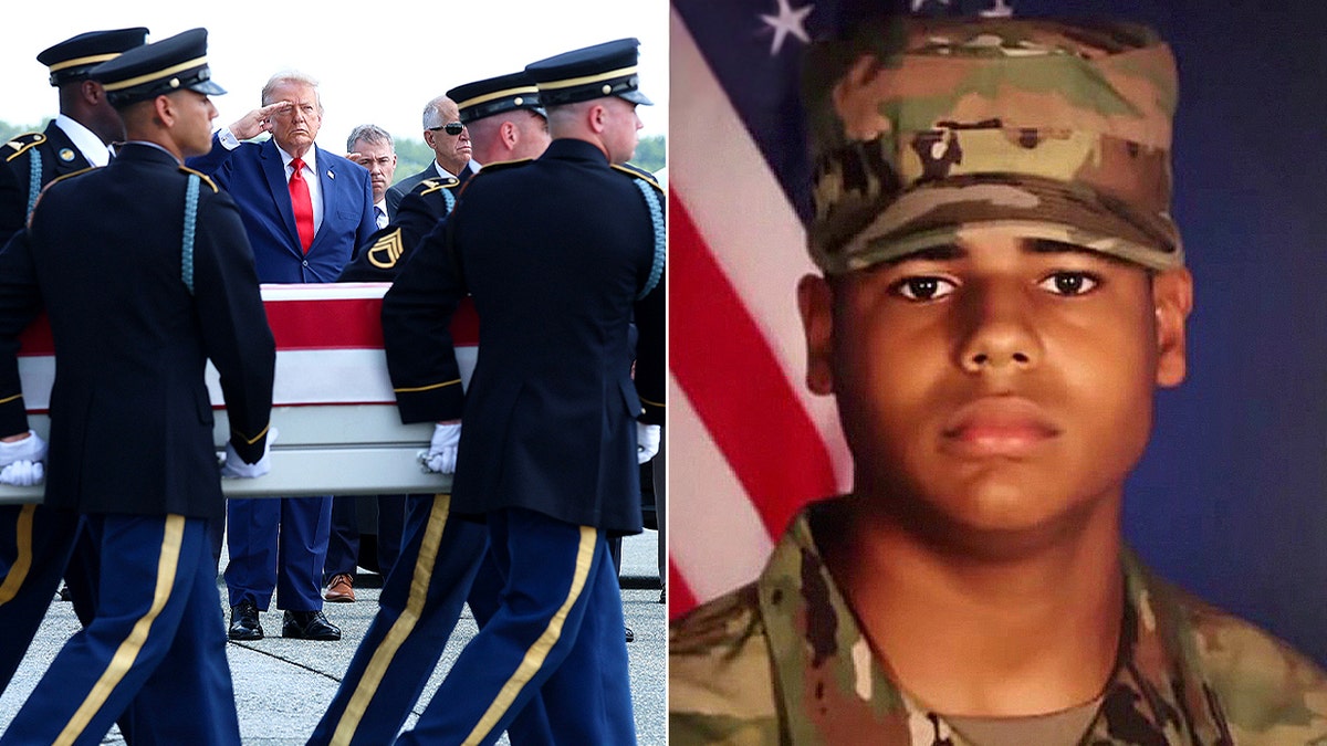 Sgt. Michael Emmanuel Swinton's transfer of remains side-by-side with his portrait