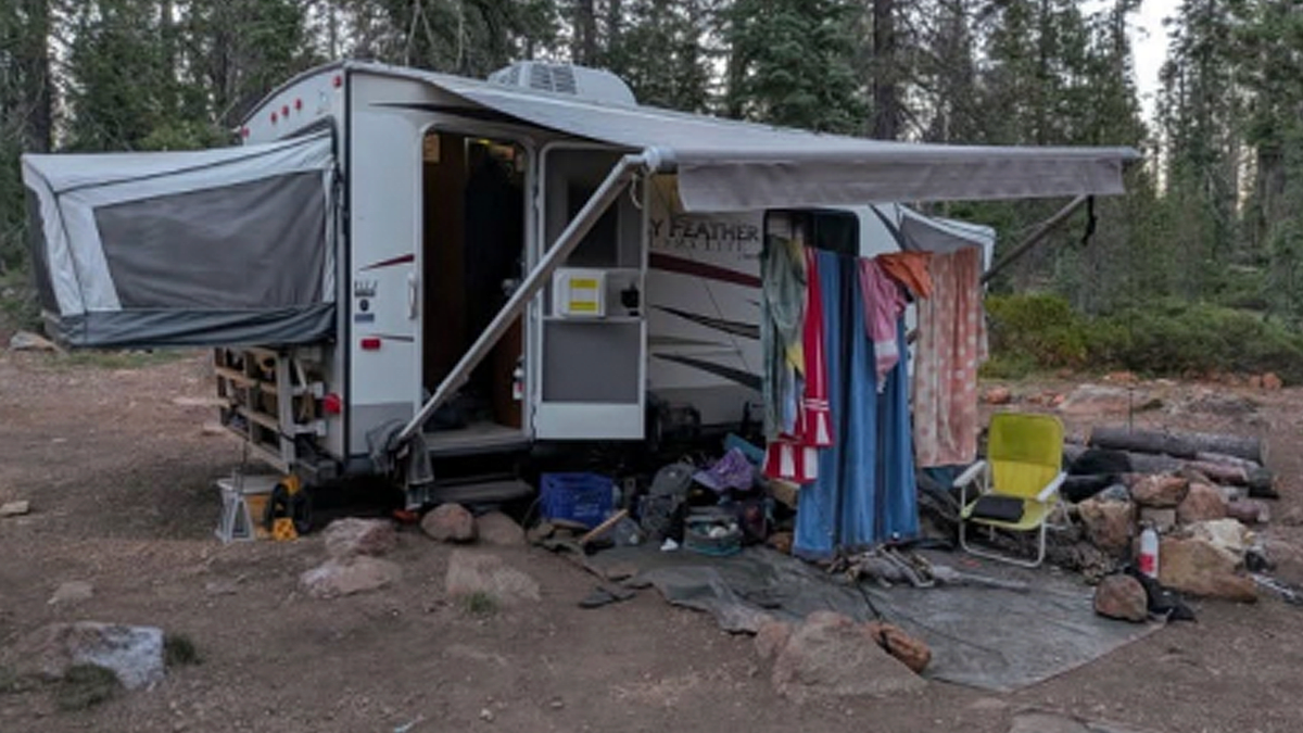 Travel trailer where two U.S. Forest Service employees were allegedly held hostage