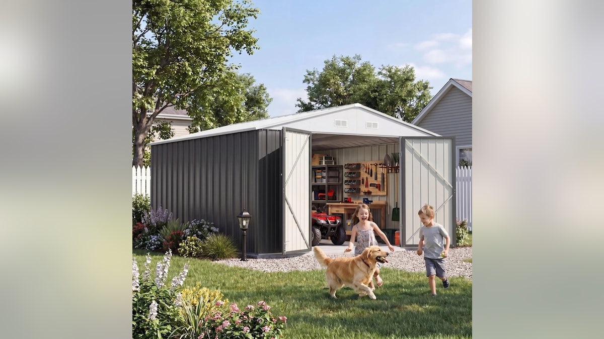 Store tools, lawn gear and more in this weather-resistant shed.