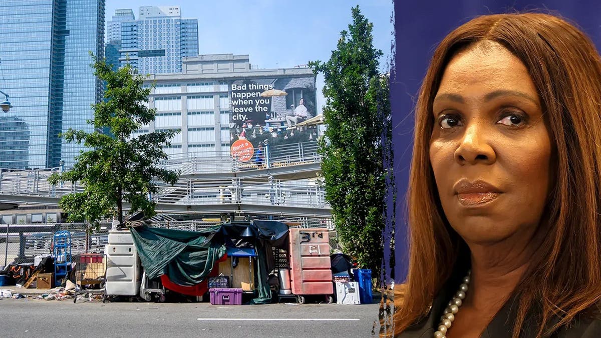 A split image of a homeless encampment in New York City and Letitia James