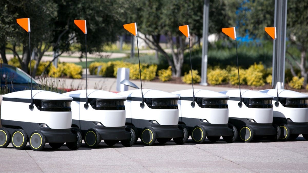 A fleet of Starship delivery robots are lined up.
