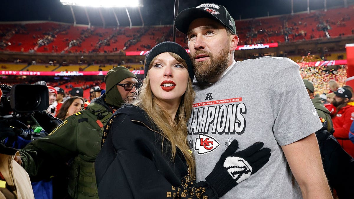 Taylor Swift and Travis Kelce at the AFC championship game in Kansas City in January 2025.