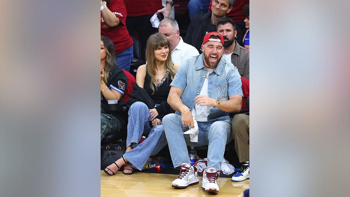 Travis Kelce and Taylor Swift at the Knicks versus Cavaliers game in Cleveland in May 2026.