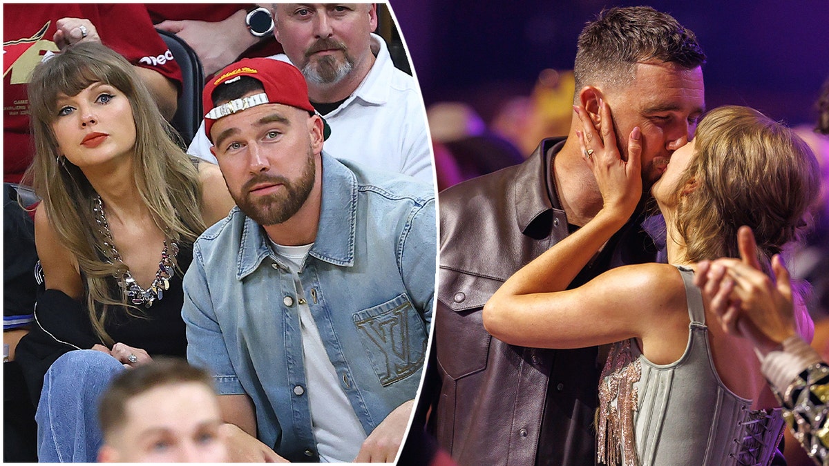 Taylor Swift and Travis Kelce at a basketball game split with Taylor and Travis kissing at iHeart Awards