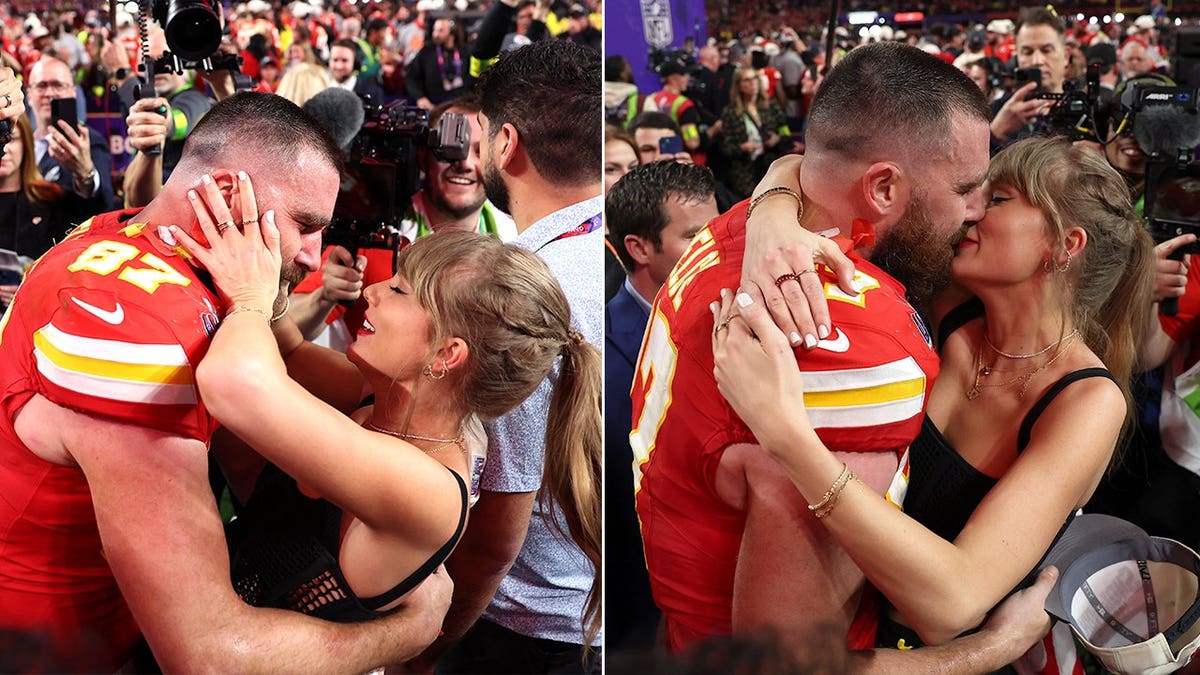 A split image of Taylor Swift and Travis Kelce celebrating his Super Bowl win in February 2024.