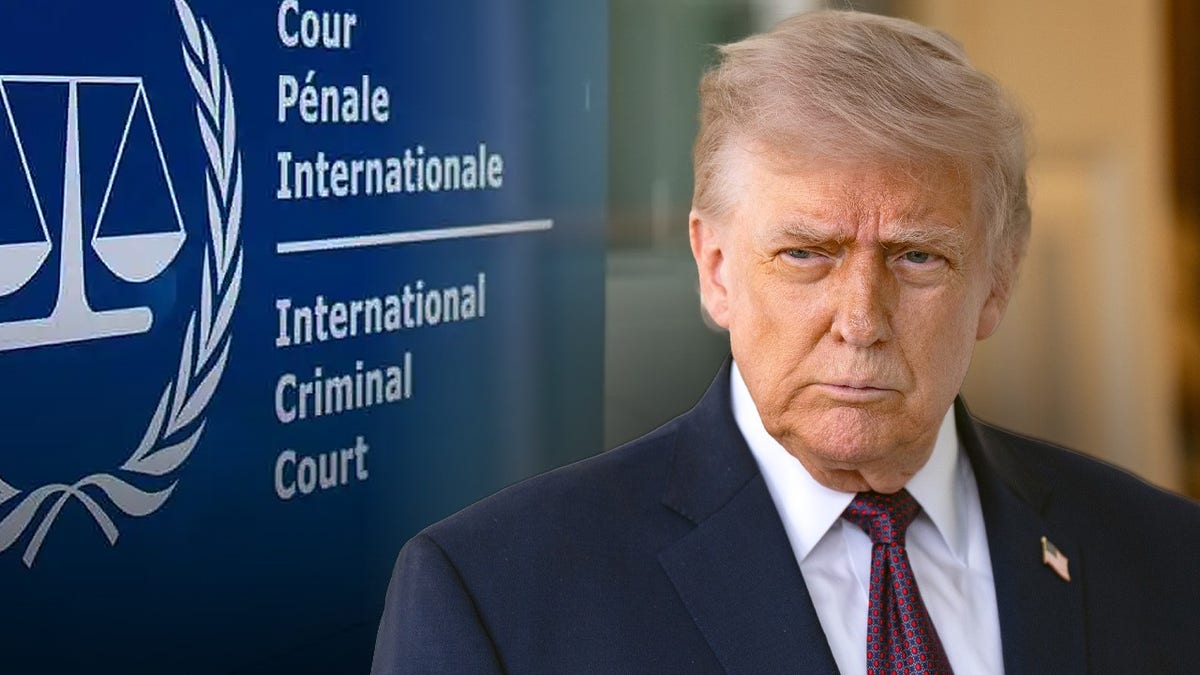 Trump with a sign from the ICC in the background.