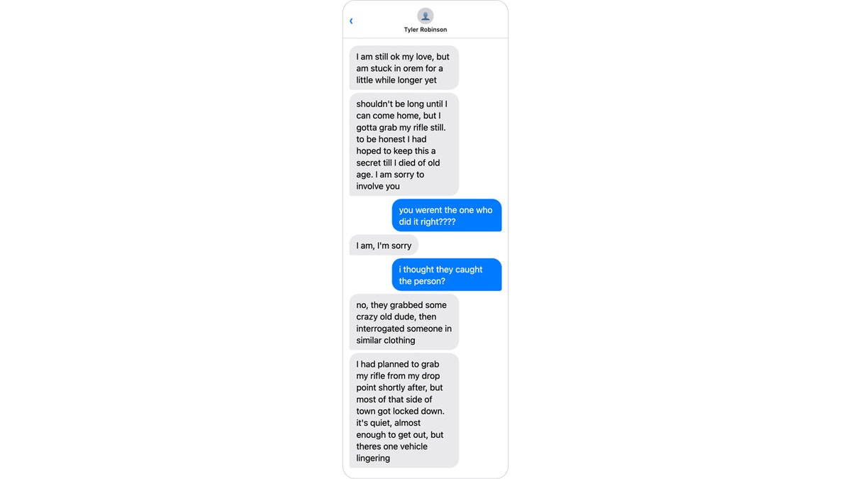 Screenshot of text messages shown during Tyler Robinson's preliminary hearing in Utah discussing a motive for the Sept. 10, 2025, shooting of Charlie Kirk
