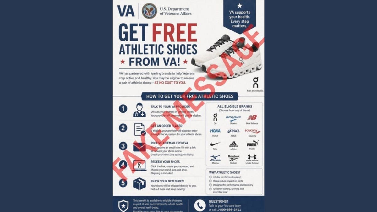 A fake flyer promotes a scam offering veterans free shoes.