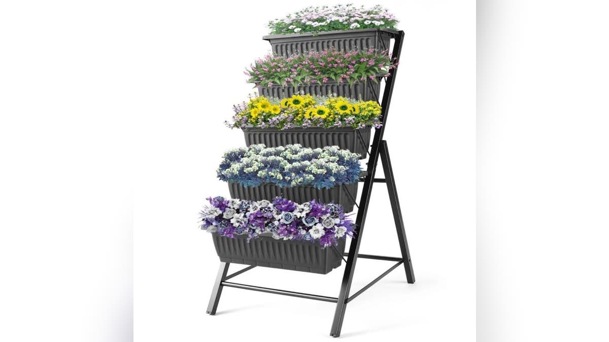 Plant vertically with a sturdy metal frame and plastic planters.