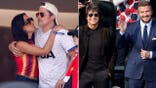 A split image of Brad Pitt with Ines de Ramon and Tom Cruise with David Beckham.