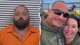 Split image of murder suspect George Birmingham's mugshot next to a photo of victims Justin and Lena Elrod smiling together near a waterfront railing.