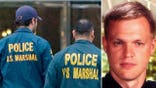 Split image showing U.S. Marshals alongside a wanted photo of former South Carolina police officer Dan Hiers Jr.