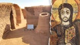 Split image of ancient building, bread oven, Coptic depiction of Jesus
