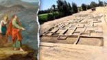 Depiction of Moses parting Red Sea during Exodus next to aerial view of site