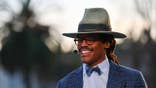 Cam Newton stands on the set of First Take in San Francisco, California.