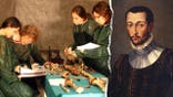 Split image of researchers working next to portrait of Francesco I de' Medici