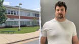Composite image of Walter Johnson High School in Bethesda, Maryland, and a booking photo of James Mulhern III